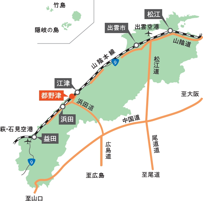 図：島根県全体の江津の位置と、ポリテクカレッジ島根の最寄駅都野津駅からのアクセスの概要図