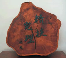 玄関には理念が刻まれた樹齢約300年の青森ヒバが展示されています