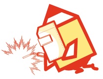 色い鉛筆キャラクター「ハロトレくん」溶接をしている様子