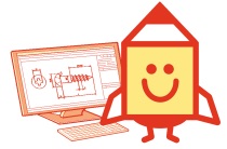 黄色い鉛筆キャラクター「ハロトレくん」が、訓練用パソコンの前にいる様子。