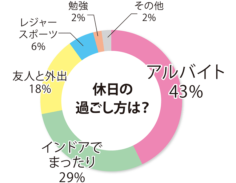 休日の過ごし方に関するアンケート結果の円グラフ（アルバイト43％）