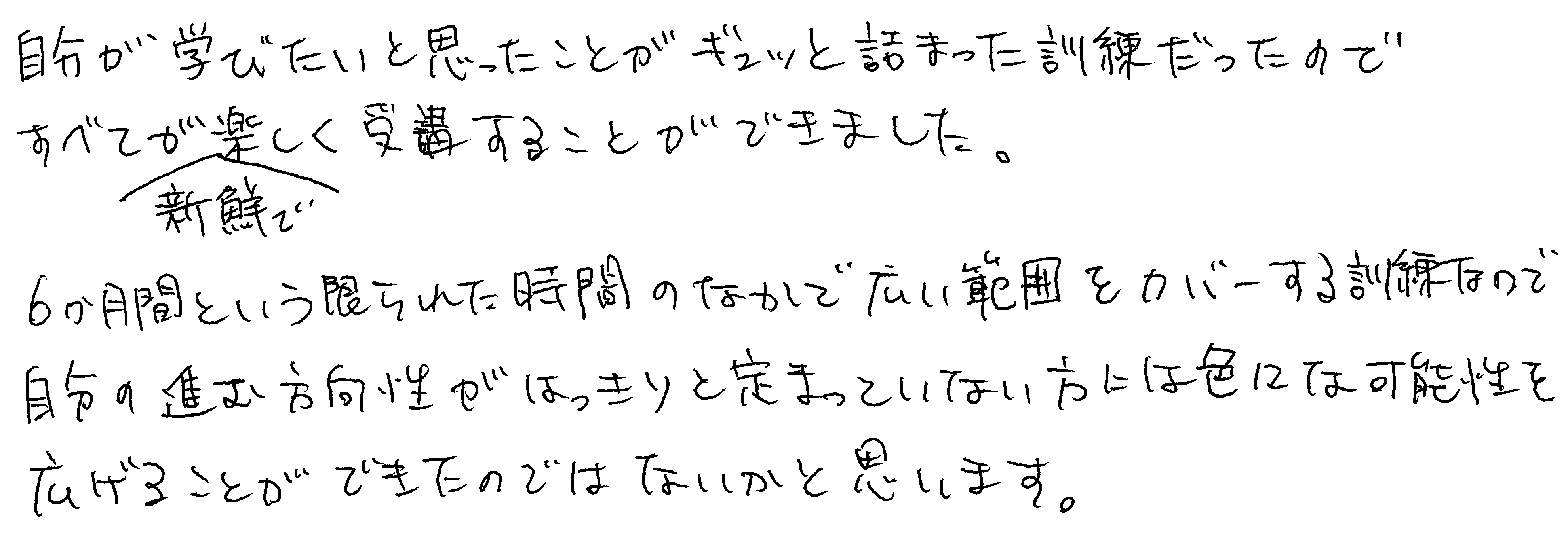 自分が学びたいと思ったことがギュッと詰まった訓練だったのですべてが新鮮で楽しく受講することができました。6ヶ月間という限られた時間のなかで広い範囲をカバーする訓練なので自分の進む方向性がはっきりと定まっていない方には色々な可能性を広げることができたのではないかと思います。