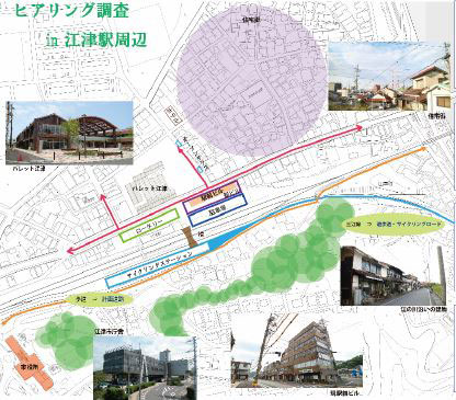 写真：総合制作の作品。江津駅前周辺でのヒアリング調査を元に作成した駅前ビルの模型作成