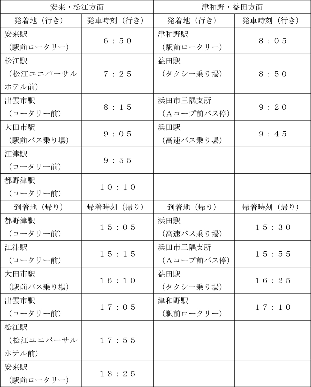バスツアー発着予定表